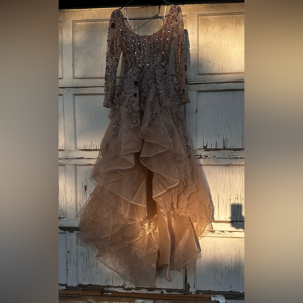 NWT luxury evening gown sequin formal dress hand beaded nude gold size 2